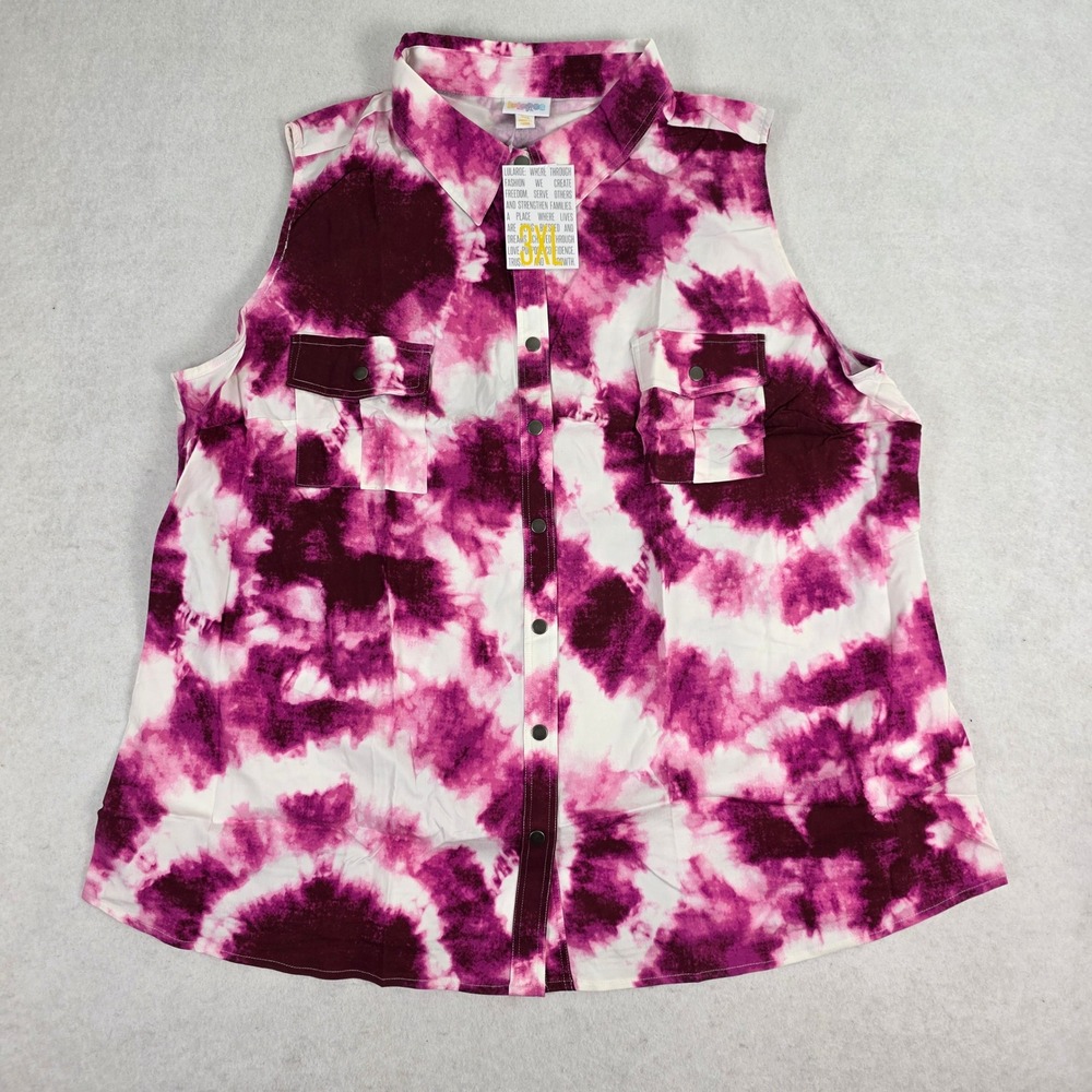 LuLaRoe Women 3XL Roxanne Sleeveless Button Down Purple Tie Dye NWT Snap Front